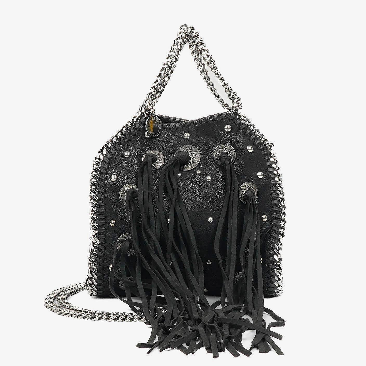 Stella McCartney Tiny Falabella schwarze vegane Shaggy Deer Tote Bag mit Nieten und Fransen