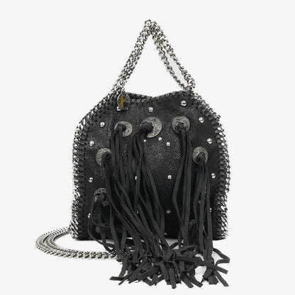 Stella McCartney Tiny Falabella schwarze vegane Shaggy Deer Tote Bag mit Nieten und Fransen
