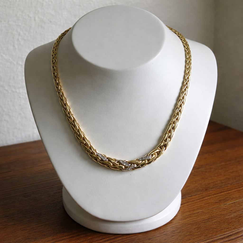 Massives 585 Gold Flechtcollier mit Diamanten 0.25 ct | 14k Vintage Halskette | 39,7g Echtgold