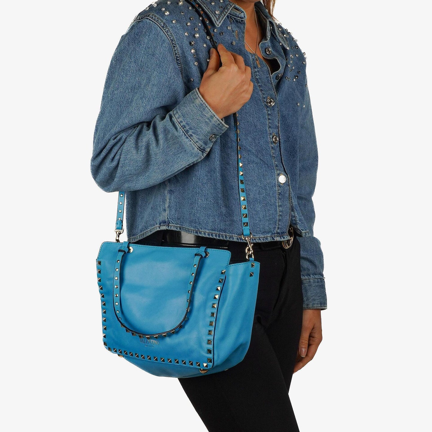 Valentino Garavani Kleine Rockstud Vitello Papagei Blau Tote Tasche