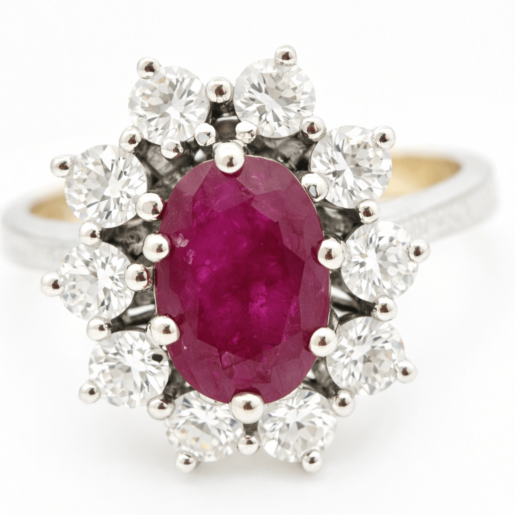 Vintage 14 Karat Gold Rubin Diamant Ring | Eleganter Halo Cluster Ring mit ovalem Rubin - Laminimas e.K
