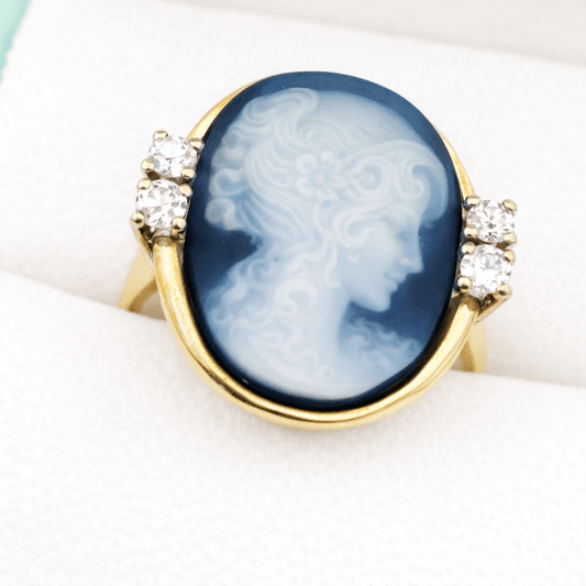 Vintage Cameo Ring 14k Gold mit Diamanten – Blaue Achat Gemme - Laminimas e.K