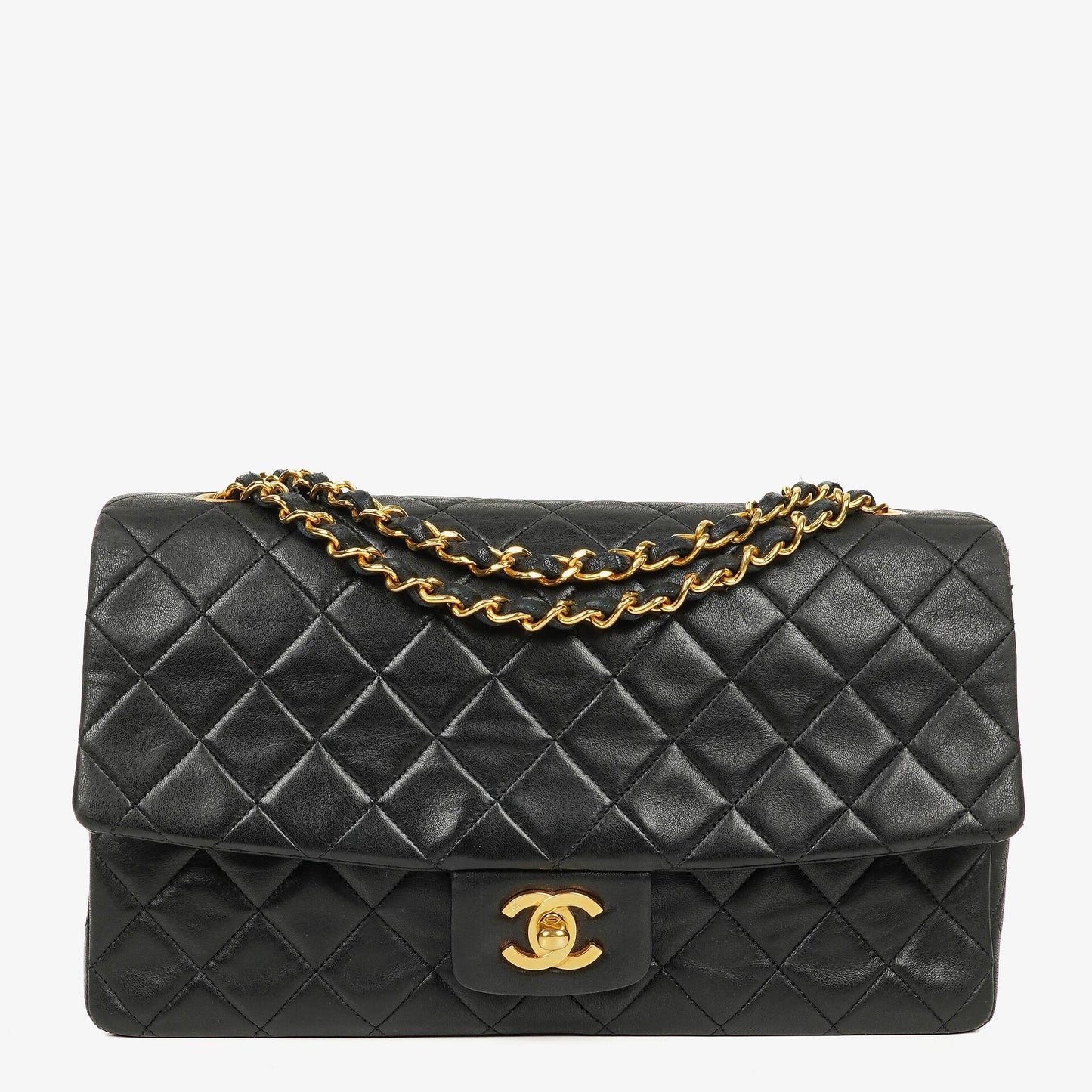 Vintage Chanel Classic Single Flap Tasche aus schwarzem gestepptem Lammleder mit 24K vergoldeten Beschlägen