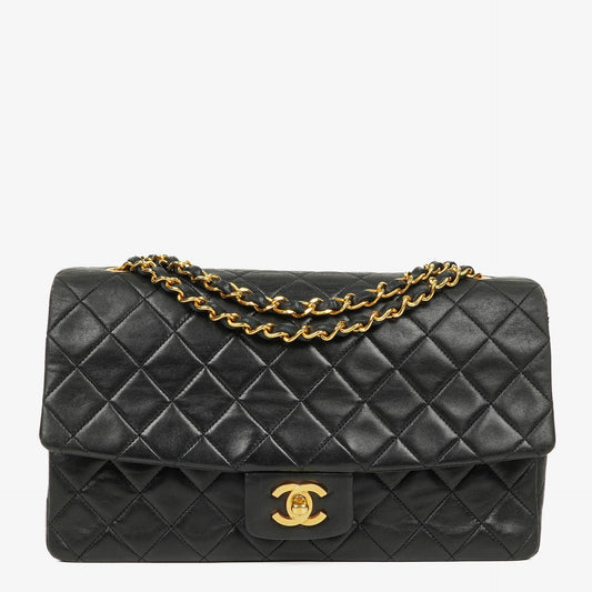 Vintage Chanel Classic Single Flap Tasche aus schwarzem gestepptem Lammleder mit 24K vergoldeten Beschlägen