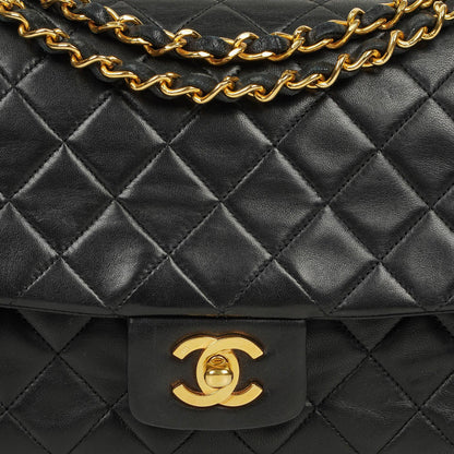 Vintage Chanel Classic Single Flap Tasche aus schwarzem gestepptem Lammleder mit 24K vergoldeten Beschlägen