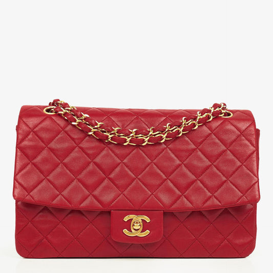 Vintage Chanel Classic Single Flap Tasche aus rotem gestepptem Lammleder mit 24K vergoldeten Beschlägen