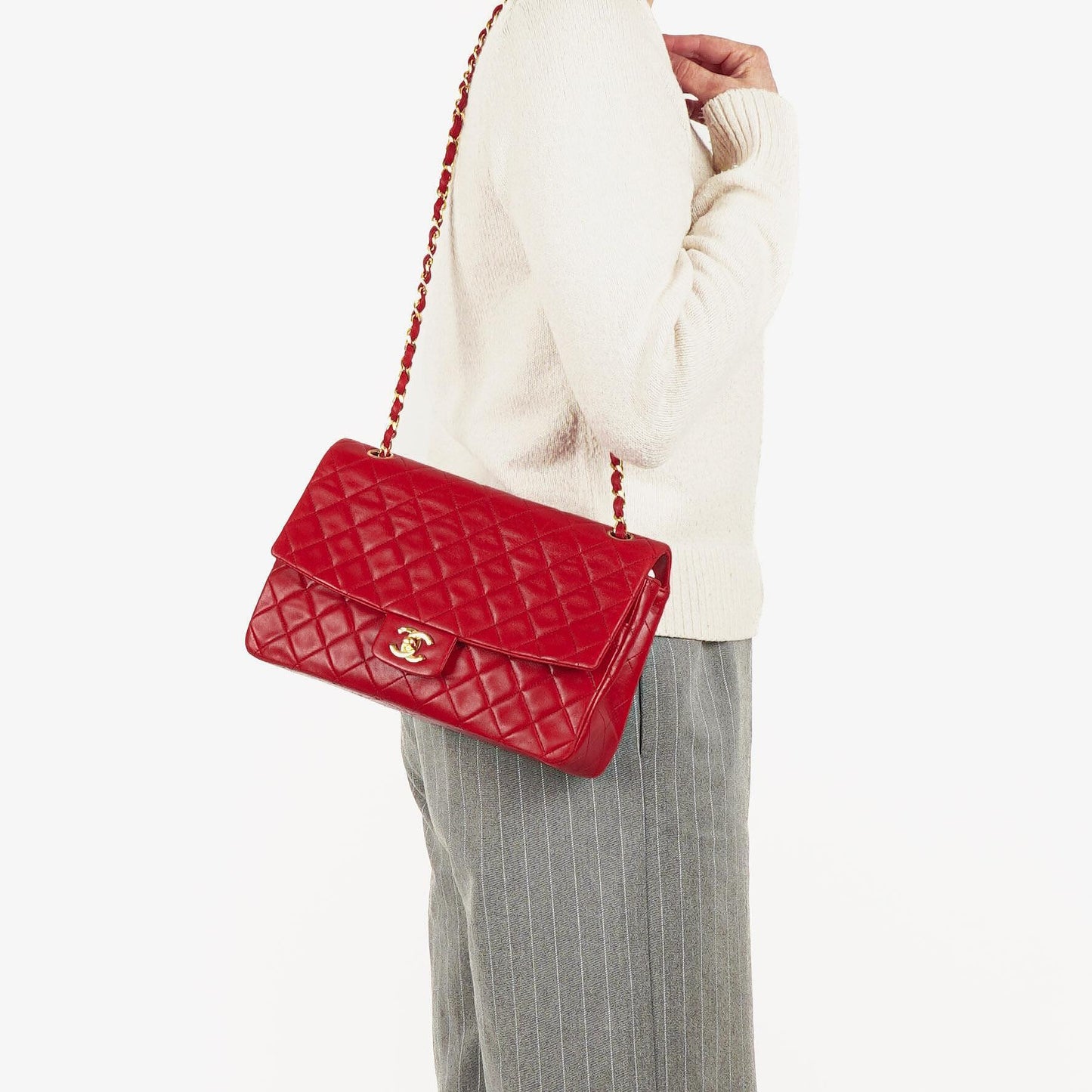 Vintage Chanel Classic Single Flap Tasche aus rotem gestepptem Lammleder mit 24K vergoldeten Beschlägen