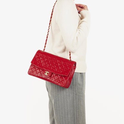 Vintage Chanel Classic Single Flap Tasche aus rotem gestepptem Lammleder mit 24K vergoldeten Beschlägen