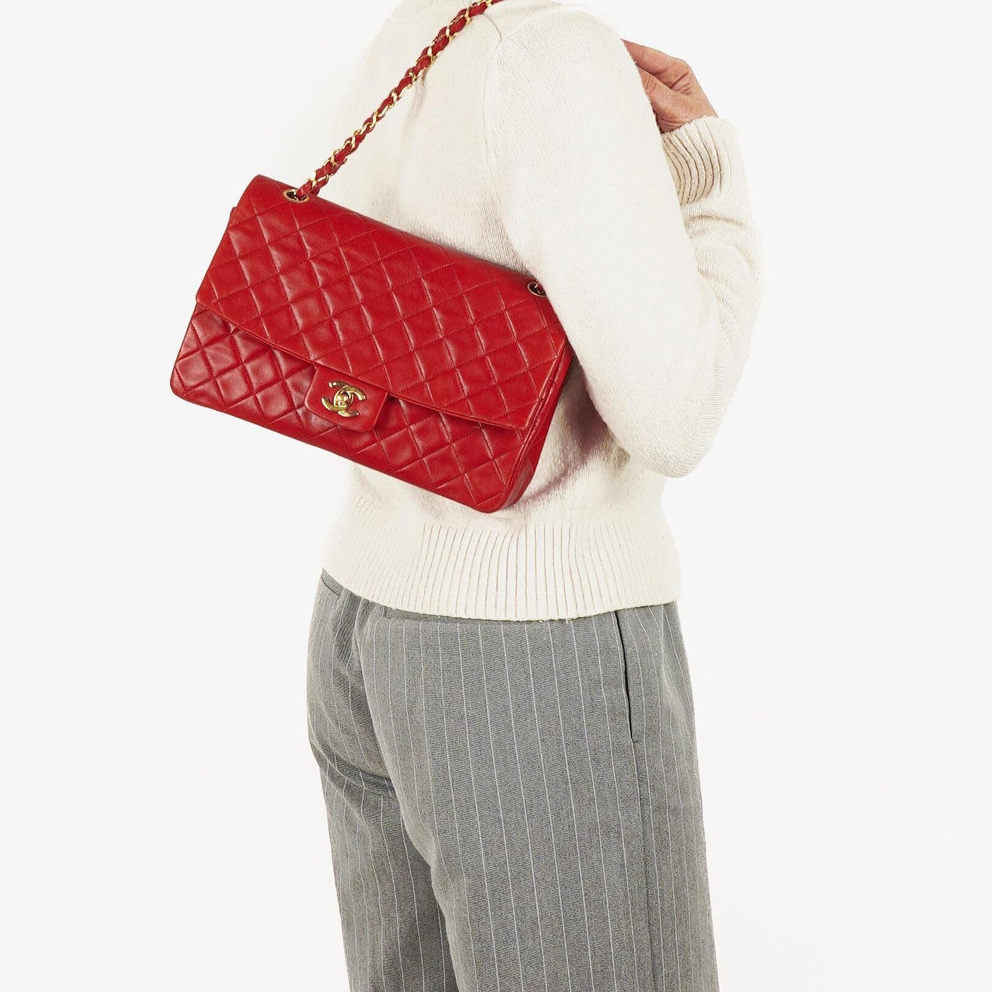 Vintage Chanel Classic Single Flap Tasche aus rotem gestepptem Lammleder mit 24K vergoldeten Beschlägen