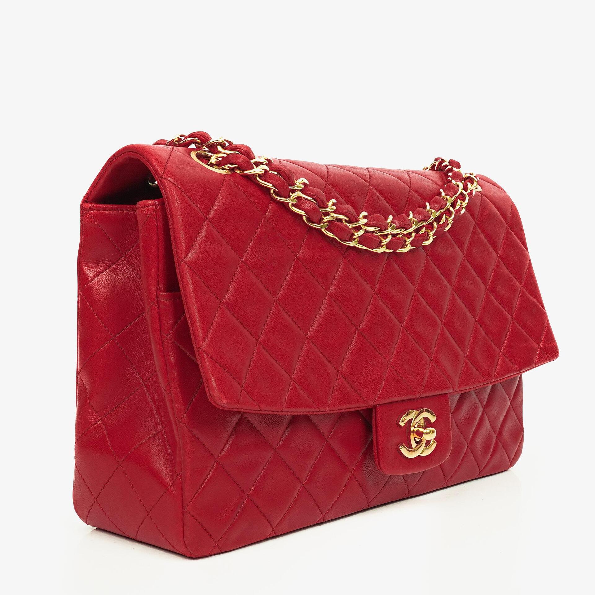 Vintage Chanel Classic Single Flap Tasche aus rotem gestepptem Lammleder mit 24K vergoldeten Beschlägen