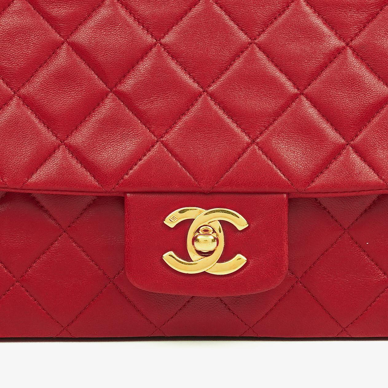 Vintage Chanel Classic Single Flap Tasche aus rotem gestepptem Lammleder mit 24K vergoldeten Beschlägen