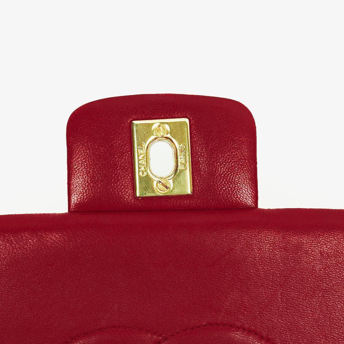 Vintage Chanel Classic Single Flap Tasche aus rotem gestepptem Lammleder mit 24K vergoldeten Beschlägen