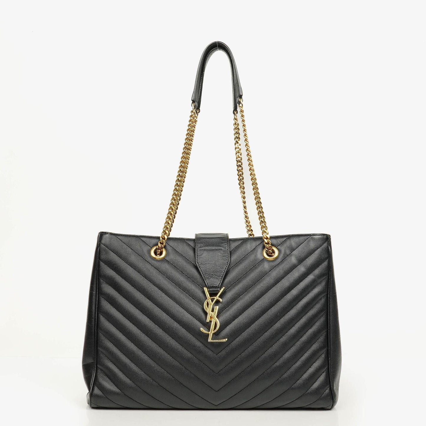 Yves Saint Laurent Classic Shopping Tote aus schwarzem Chevron-gestepptem Leder mit Monogramm