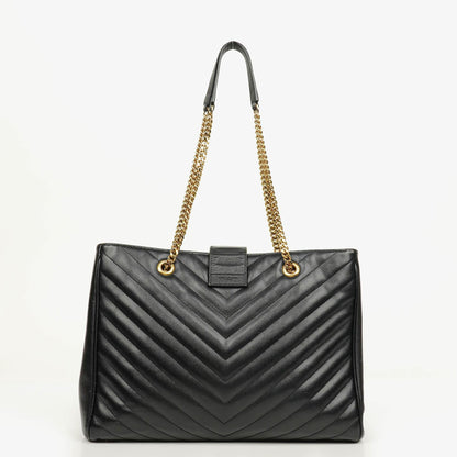 Yves Saint Laurent Classic Shopping Tote aus schwarzem Chevron-gestepptem Leder mit Monogramm