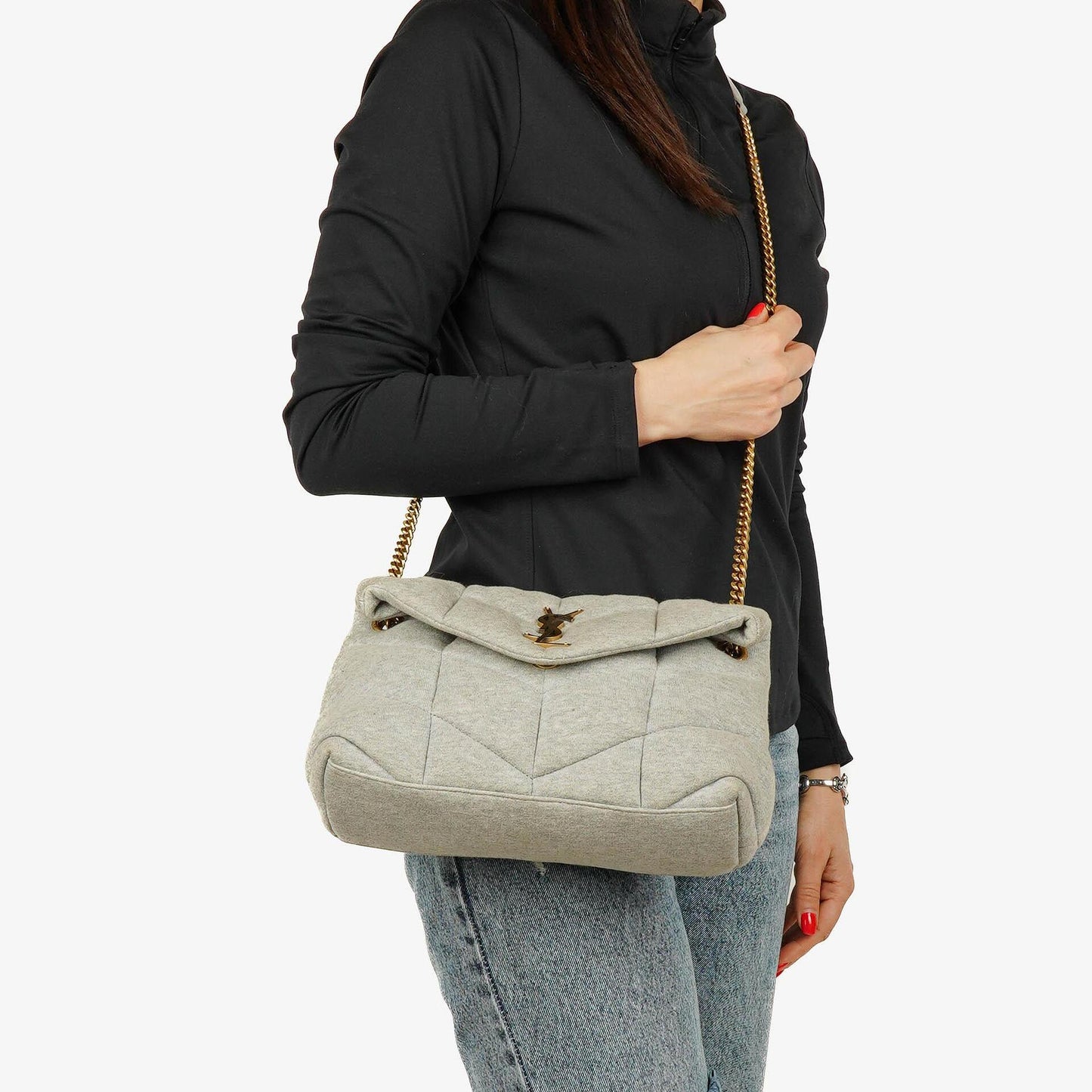 Yves Saint Laurent Loulou Puffer Tasche aus grauem gestepptem Jersey